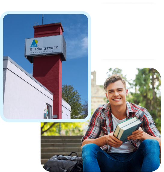 Collage aus zwei Bildern mit Student und Wahrzeichen des Bildungswerkes